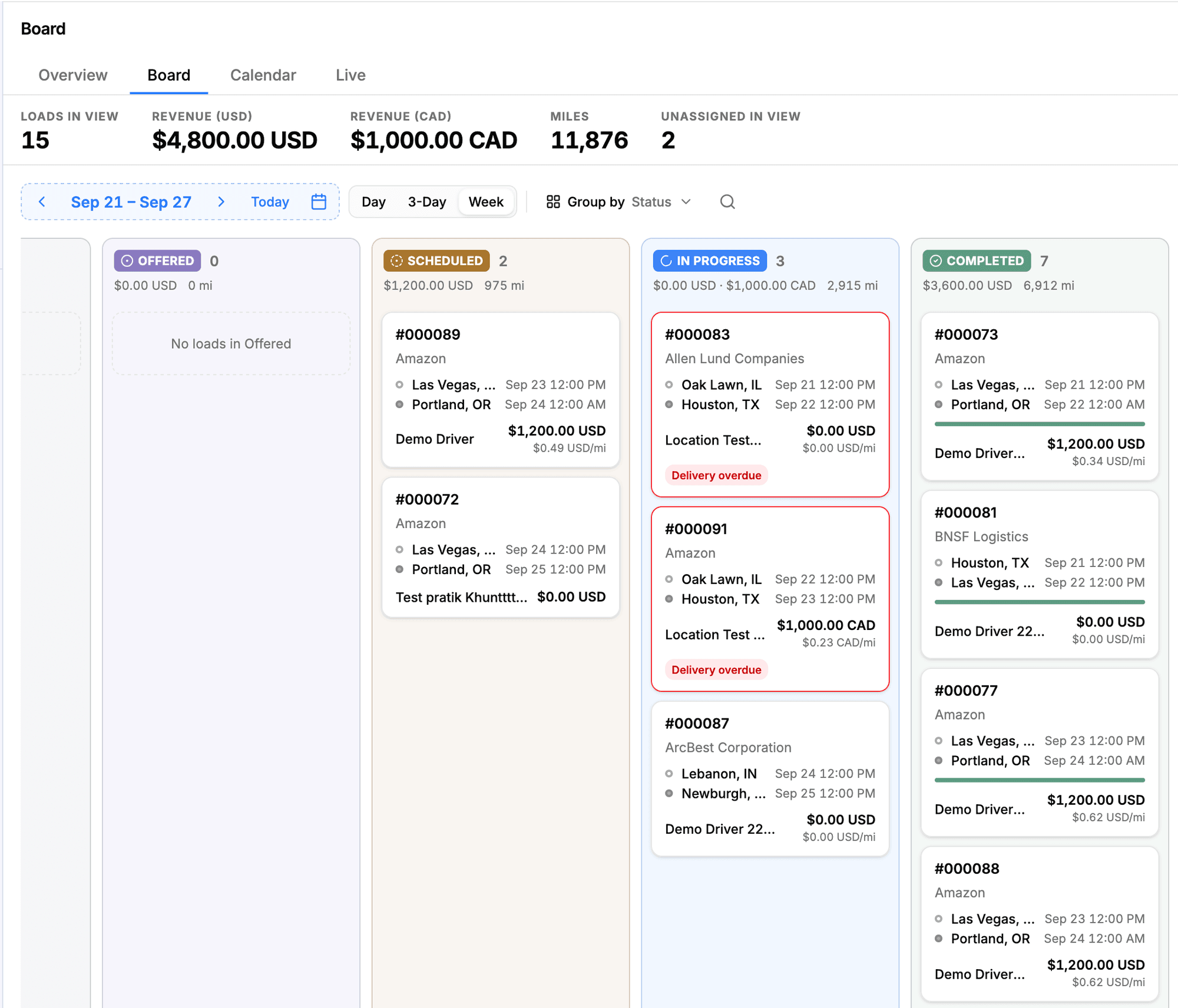 TenTrucks dispatch board with loads grouped by status