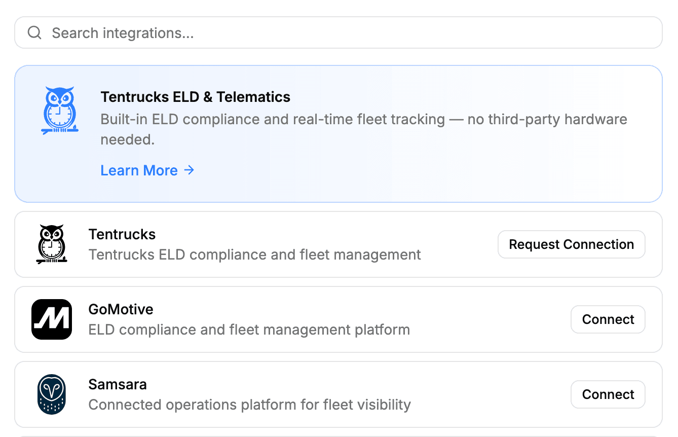 TenTrucks integrations screen with ELD, telematics and fuel card connections