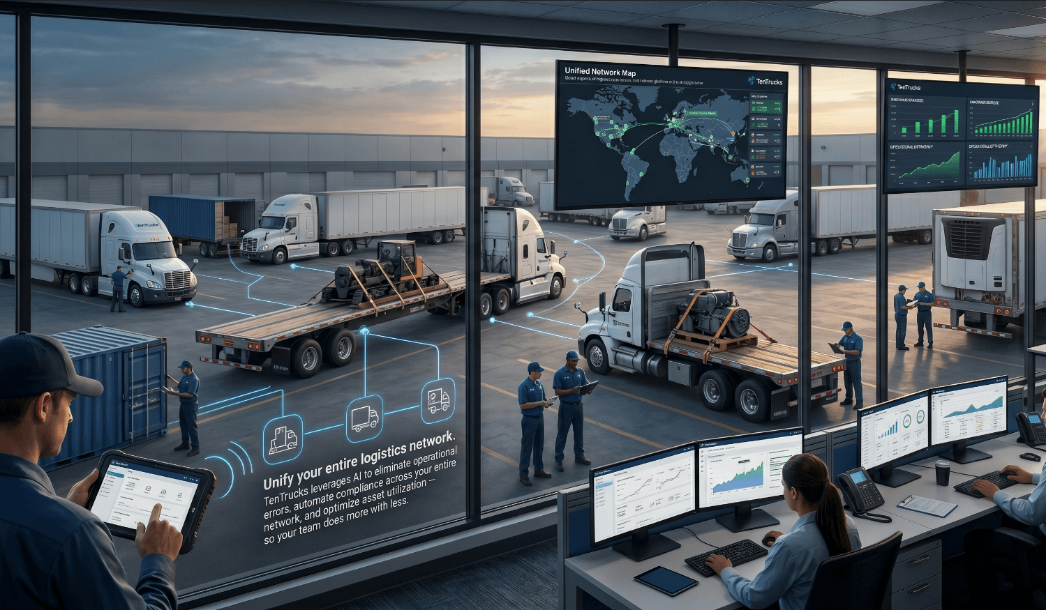  TenTrucks leverages AI to eliminate operational errors, automate compliance across your entire network, and optimize asset utilization — so your team does more with less. 