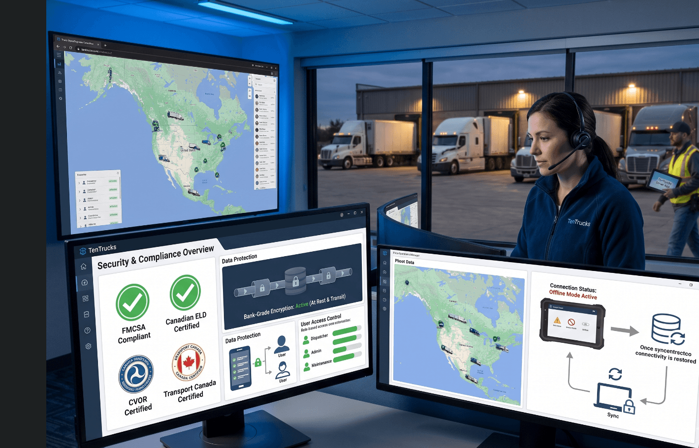 TenTrucks is built to meet the security and regulatory requirements of large fleet operators — including US and Canadian certifications, offline functionality, and bank-grade data encryption.