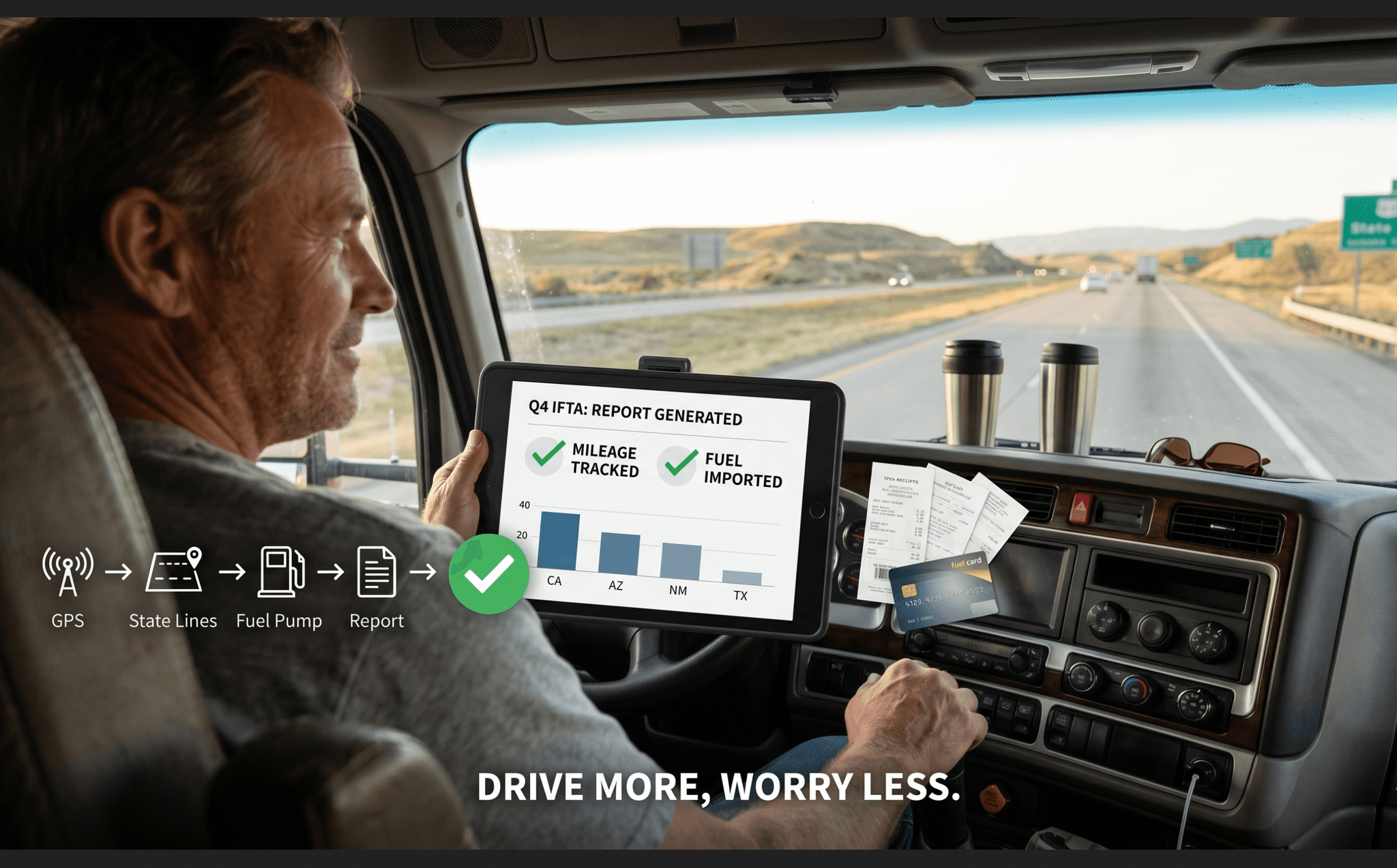 Mid-size fleets typically cobble together an ELD, a load board, a factoring portal, and QuickBooks. TenTrucks replaces all of it — or integrates cleanly into what you already have.