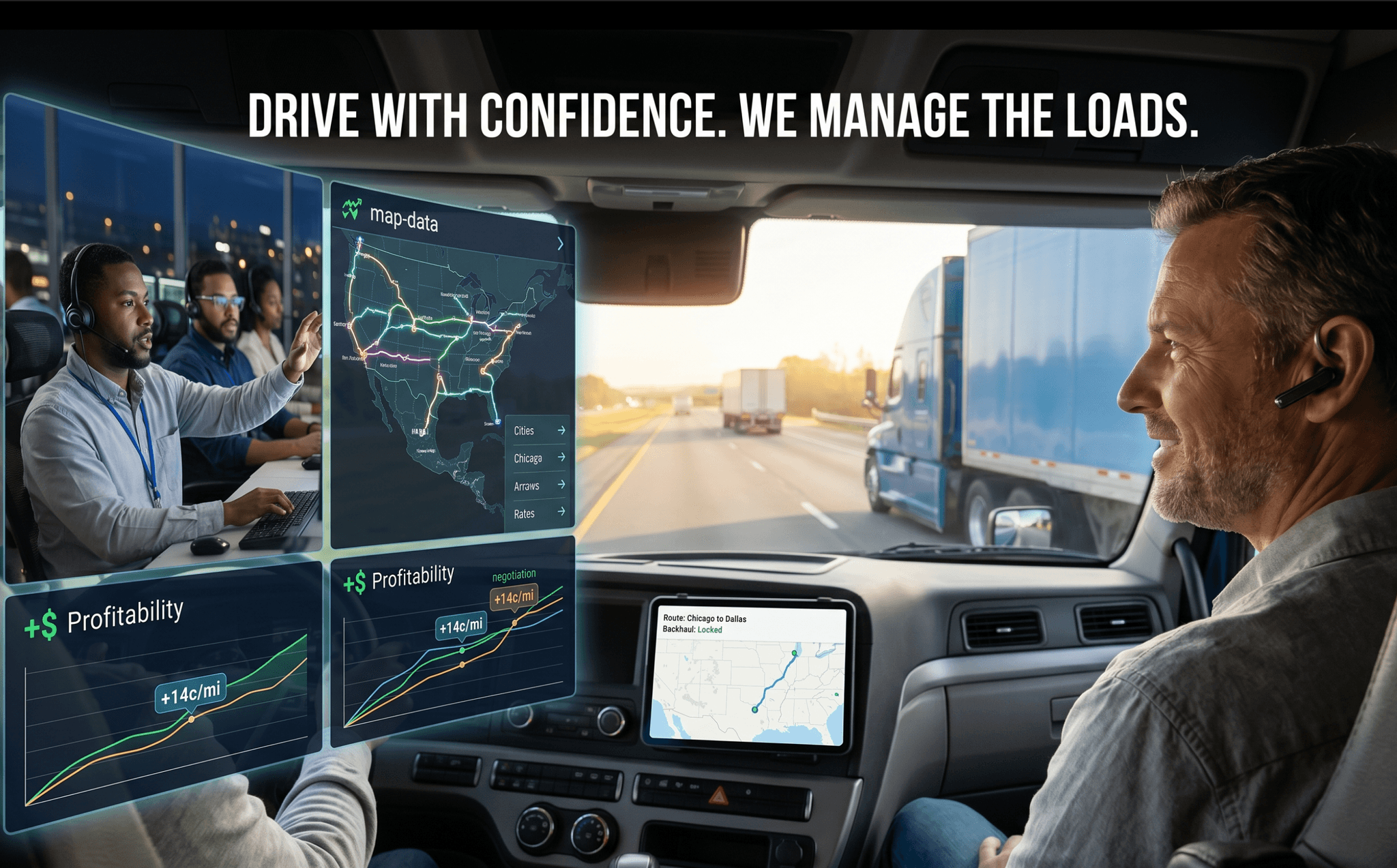  TenTrucks acts as your personal back office. Expert human dispatchers find the highest-margin lanes, negotiate every rate, and keep your truck moving — so your phone stays quiet while you drive. 