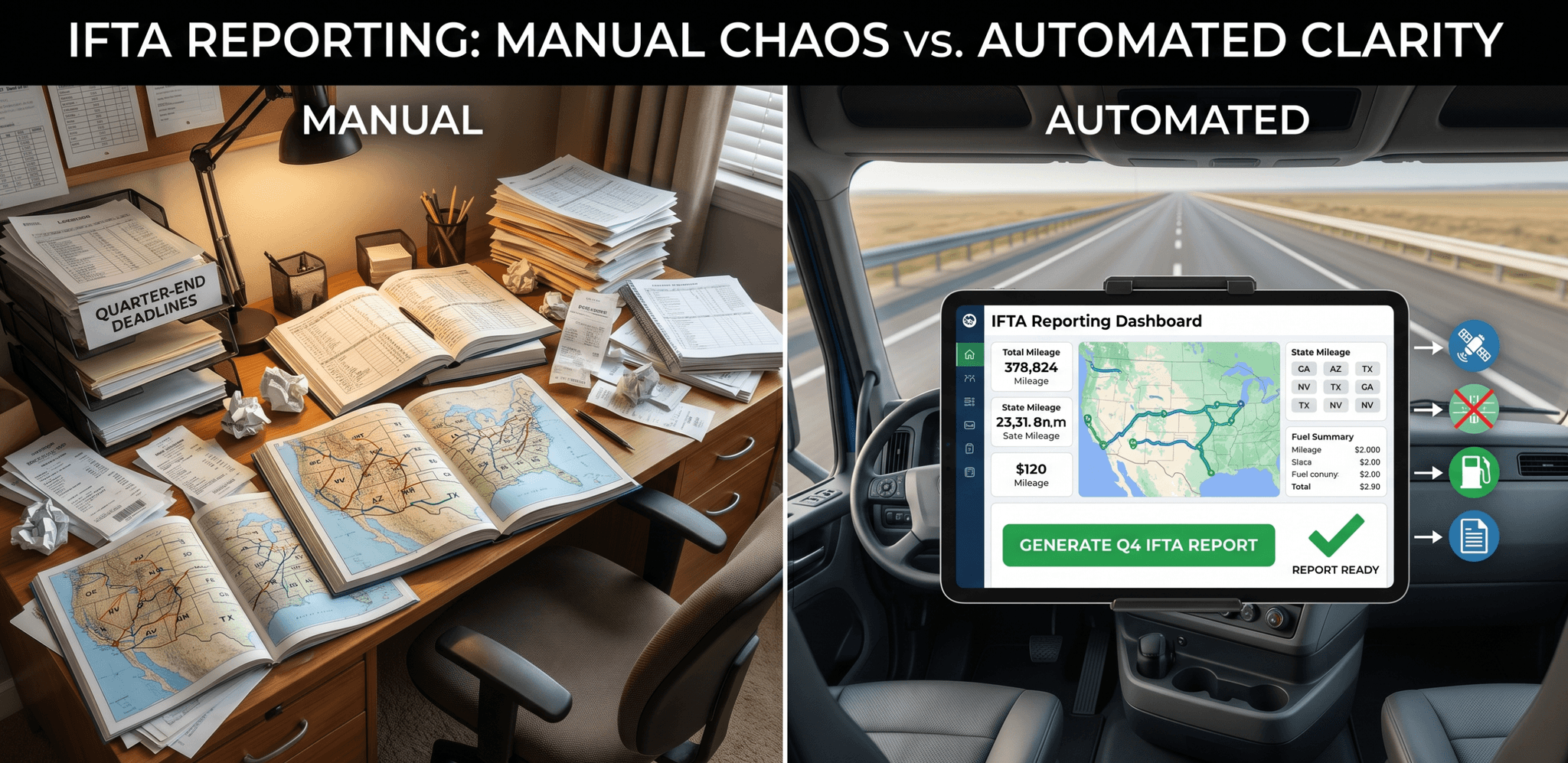 TenTrucks tracks every mile, every fuel stop, every state line — and generates your IFTA report automatically. Never scramble to reconstruct your routes again.