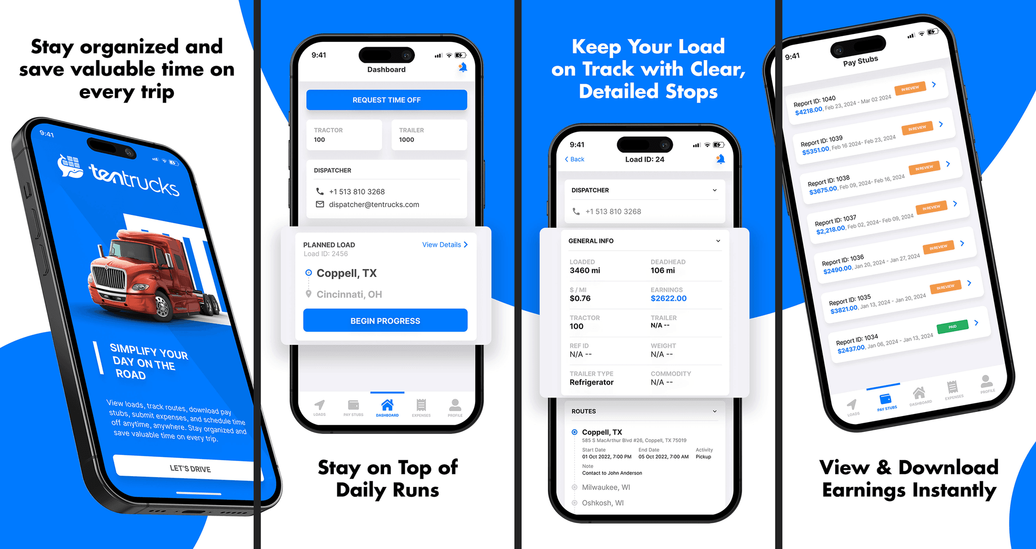 The TenTrucks mobile app was built for one-handed use in a truck cab. Upload a BOL in two taps. Invoice fires automatically. Money moves the same day. No desktop, no spreadsheets, no chasing.