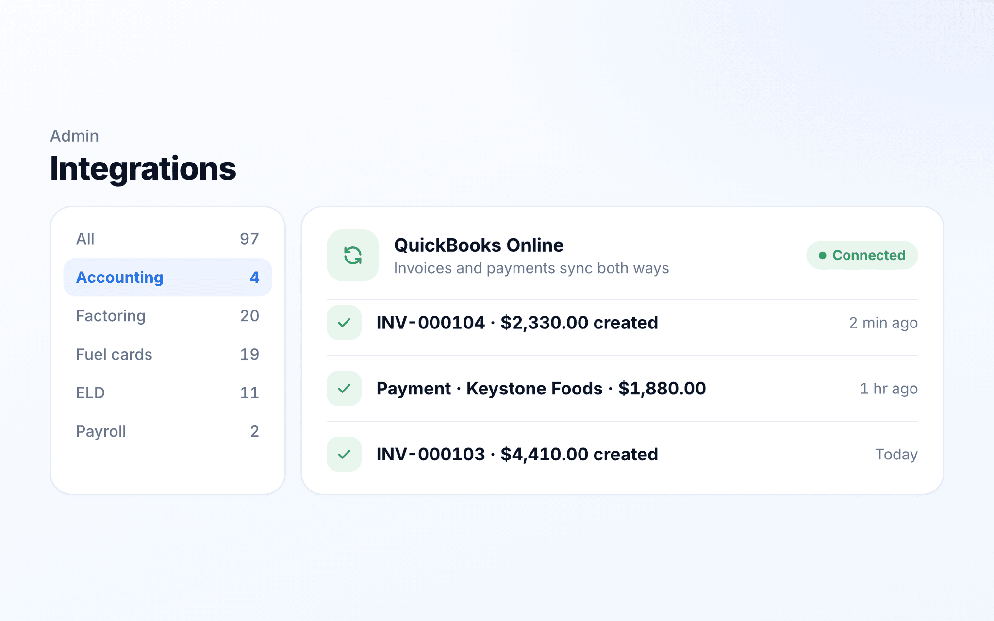 TenTrucks QuickBooks Online integration syncing invoices and payments.
