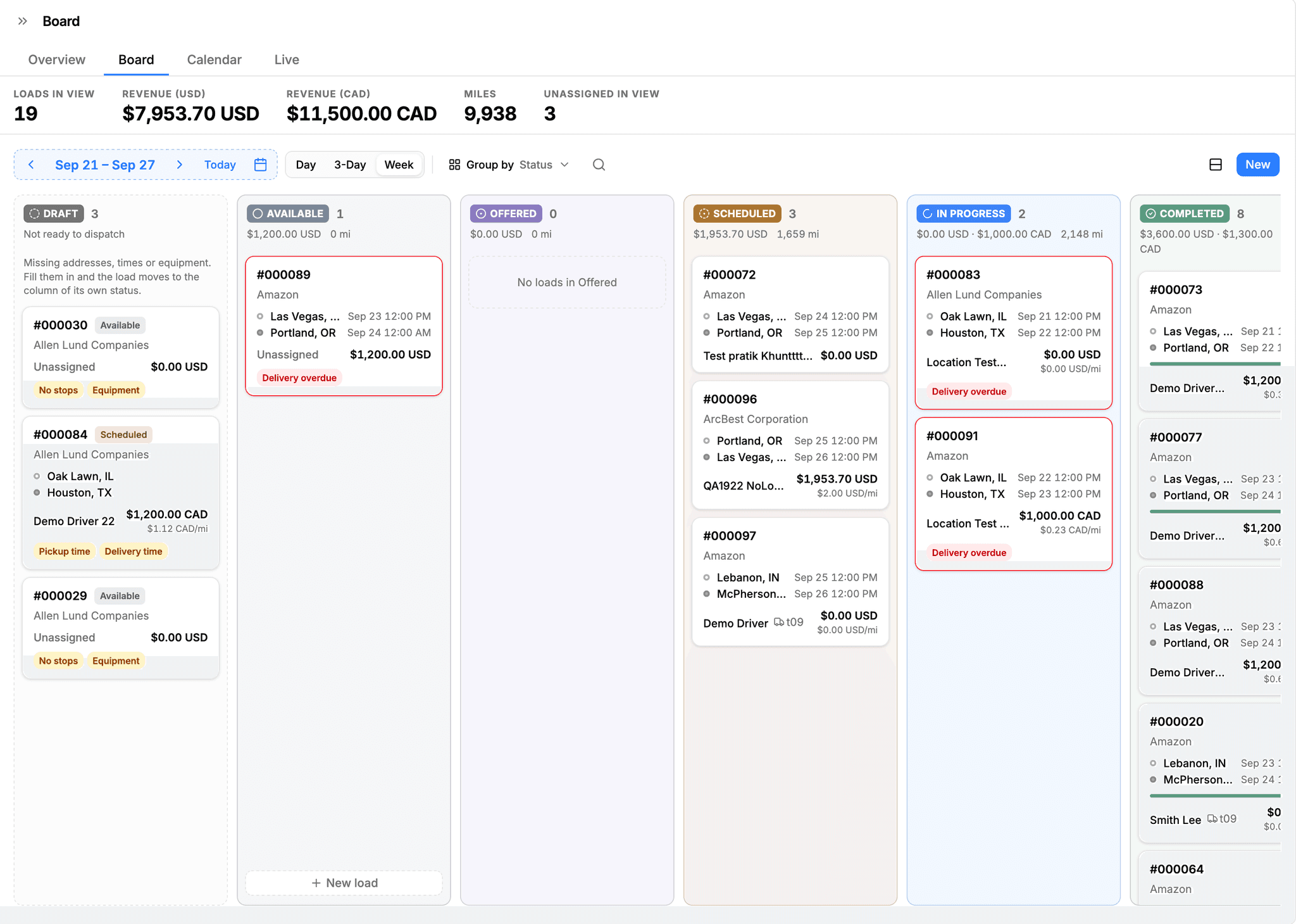 TenTrucks dispatch board with live loads, revenue and driver scores