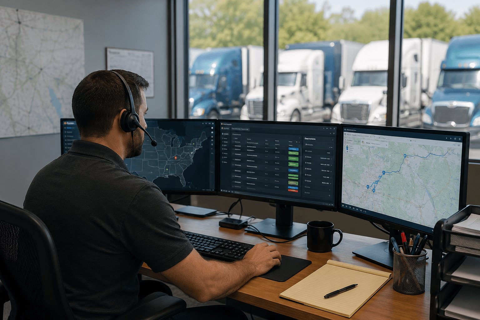 Dispatcher coordinating loads on three monitors with the TenTrucks dispatch software while a fleet of trucks sits in the yard