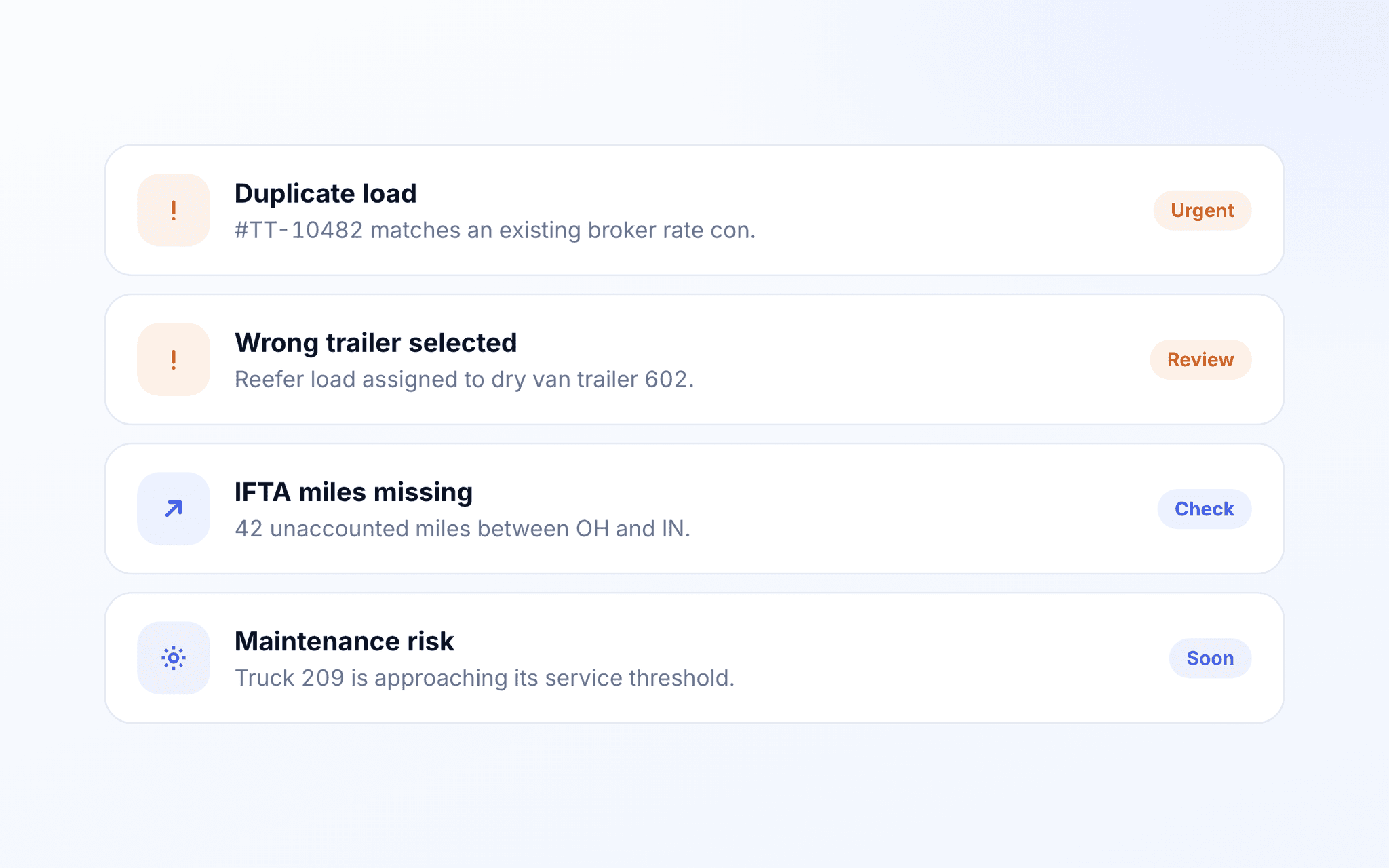 TenTrucks AI flagging a duplicate load, wrong trailer, missing IFTA miles, and maintenance risk.