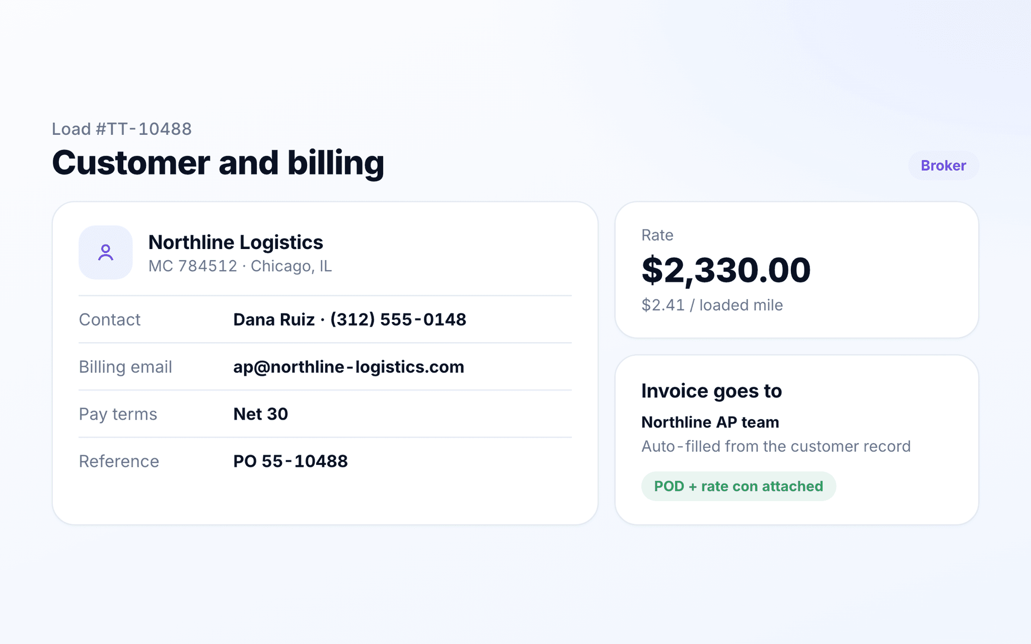 Broker contact, billing email, pay terms, and rate kept on the load in TenTrucks.