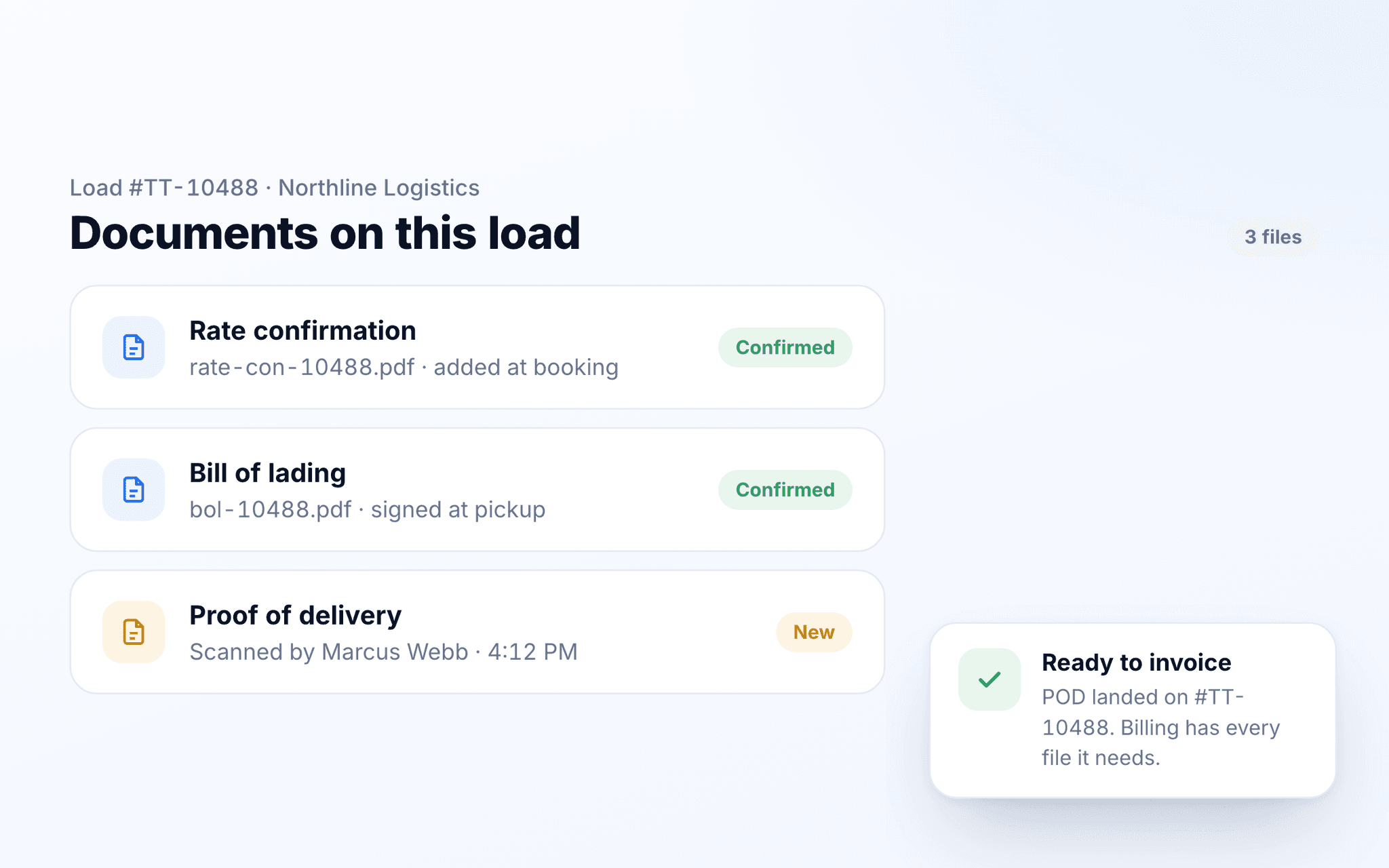 Rate confirmation, bill of lading, and proof of delivery attached to one load in TenTrucks.