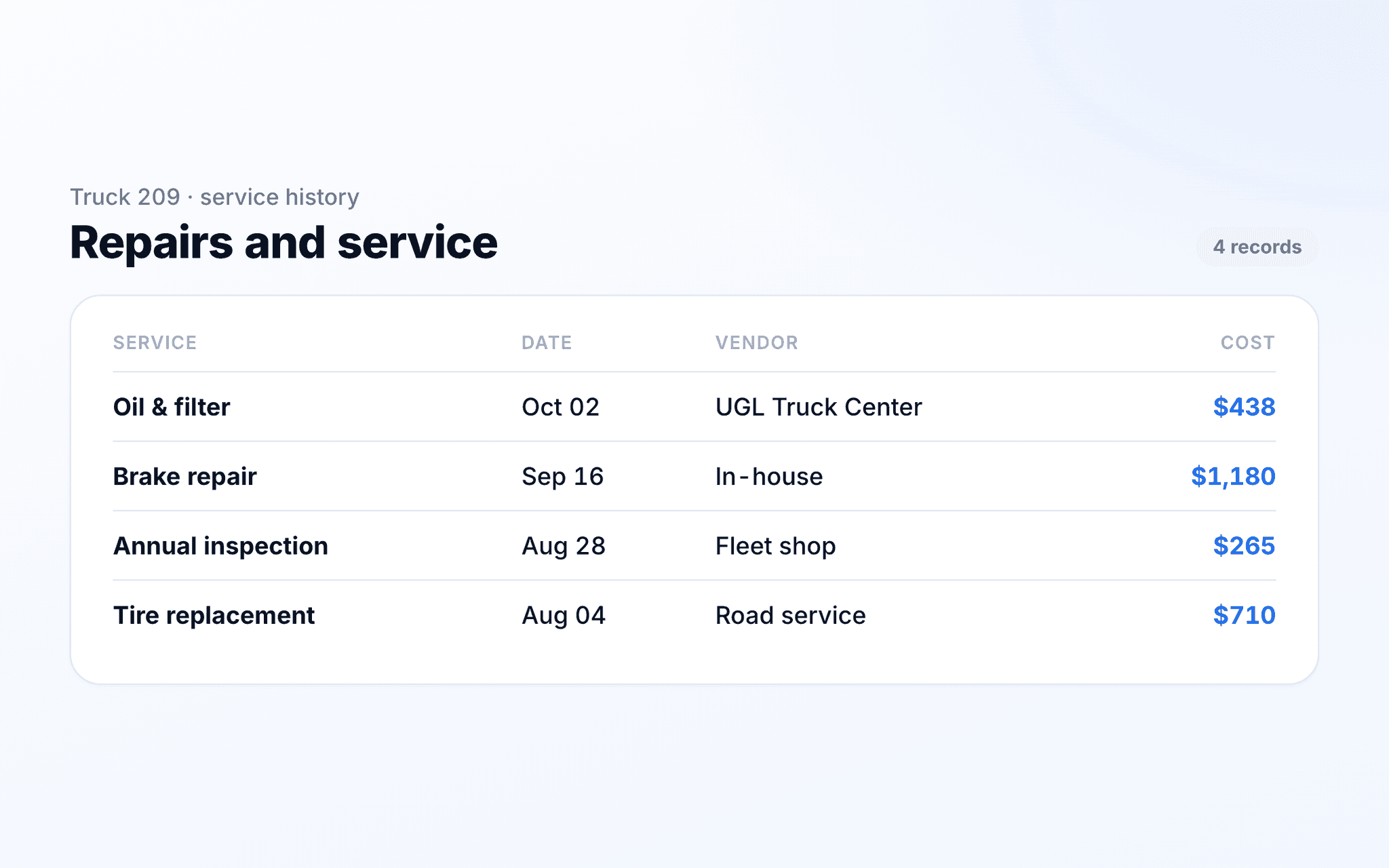A truck's service history in TenTrucks with each repair's date, vendor, and cost.