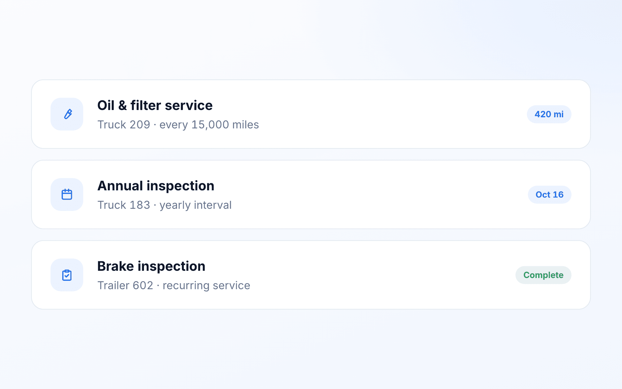 Upcoming preventive service in TenTrucks: an oil change due by mileage, an annual inspection due by date, and a completed brake inspection.