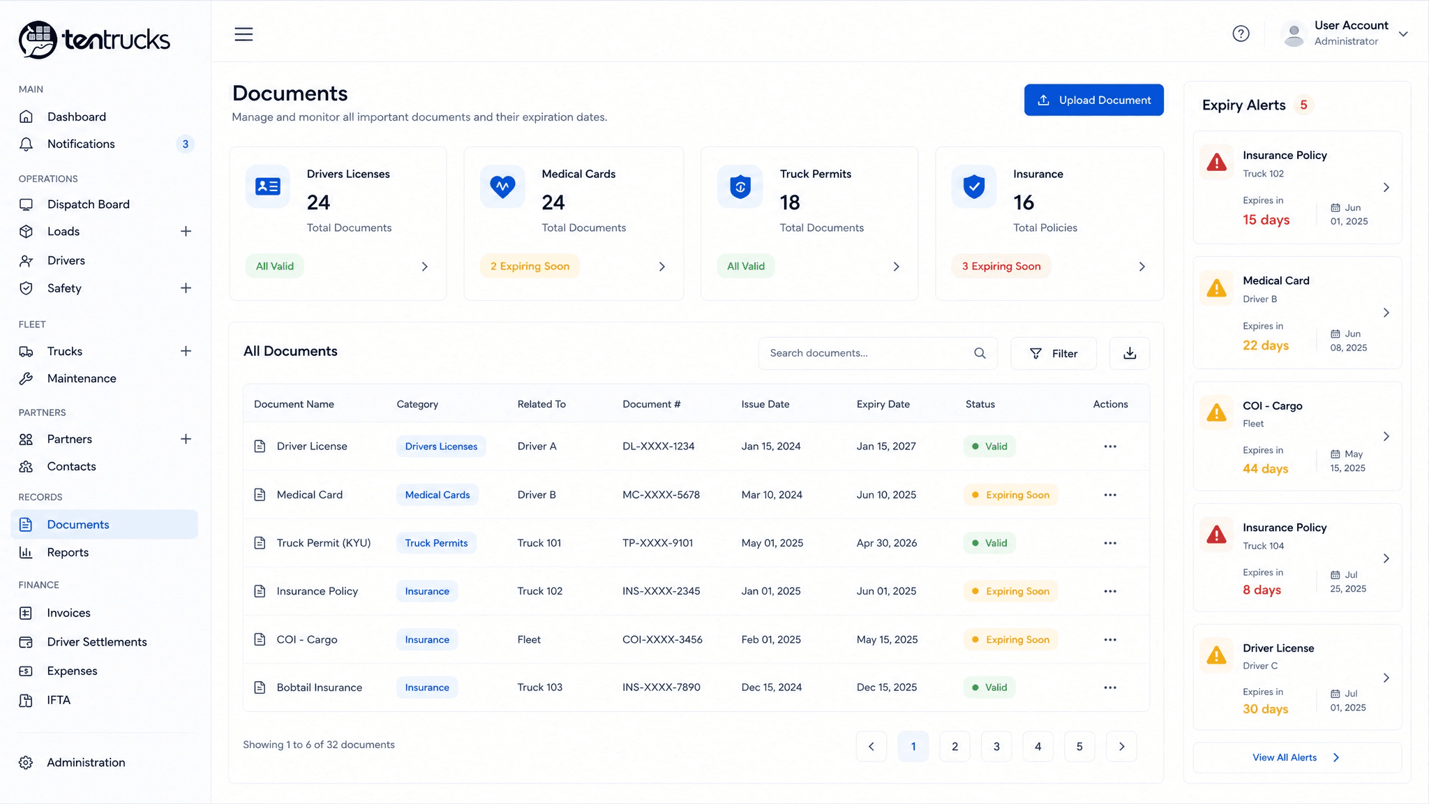Expiry alerts for licenses, medical cards, and insurance in TenTrucks.