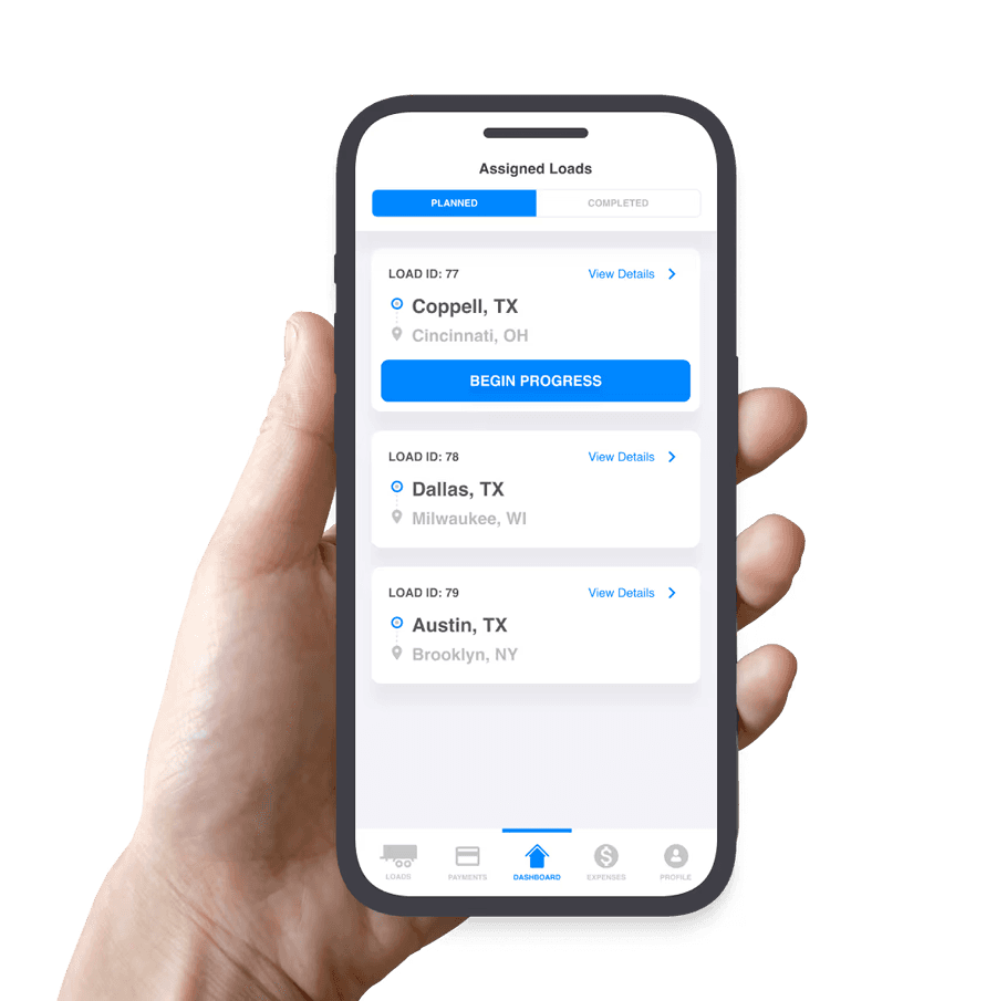 The TenTrucks driver app open on a phone showing an assigned load.