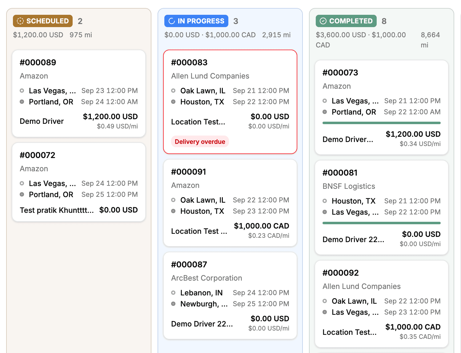 TenTrucks dispatch board columns for scheduled, in-progress and completed loads