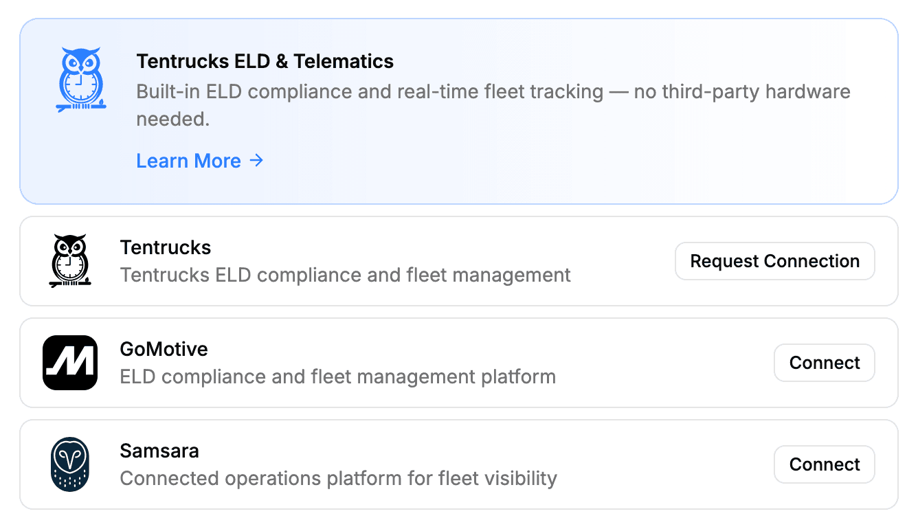 TenTrucks integrations list with ELD providers ready to connect