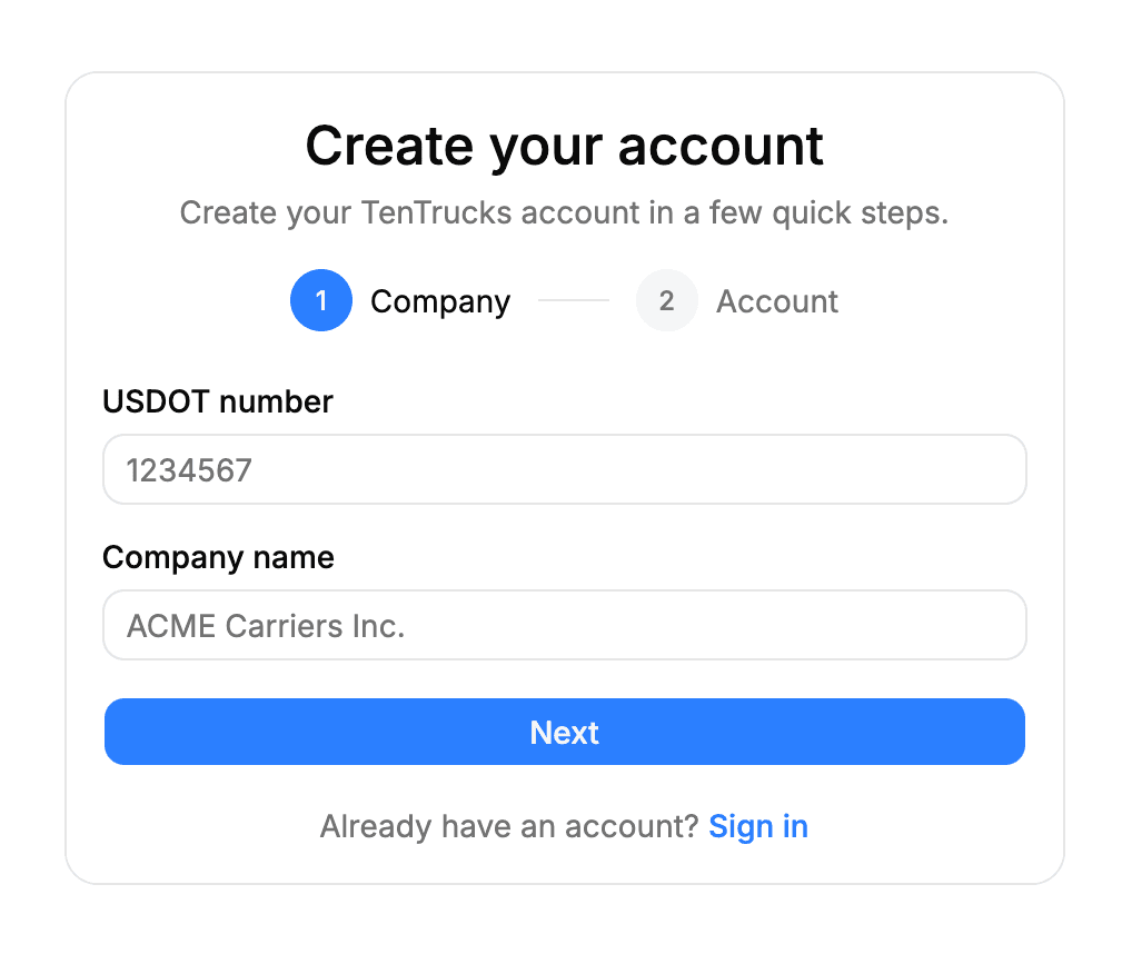 TenTrucks sign-up form asking for USDOT number and company name